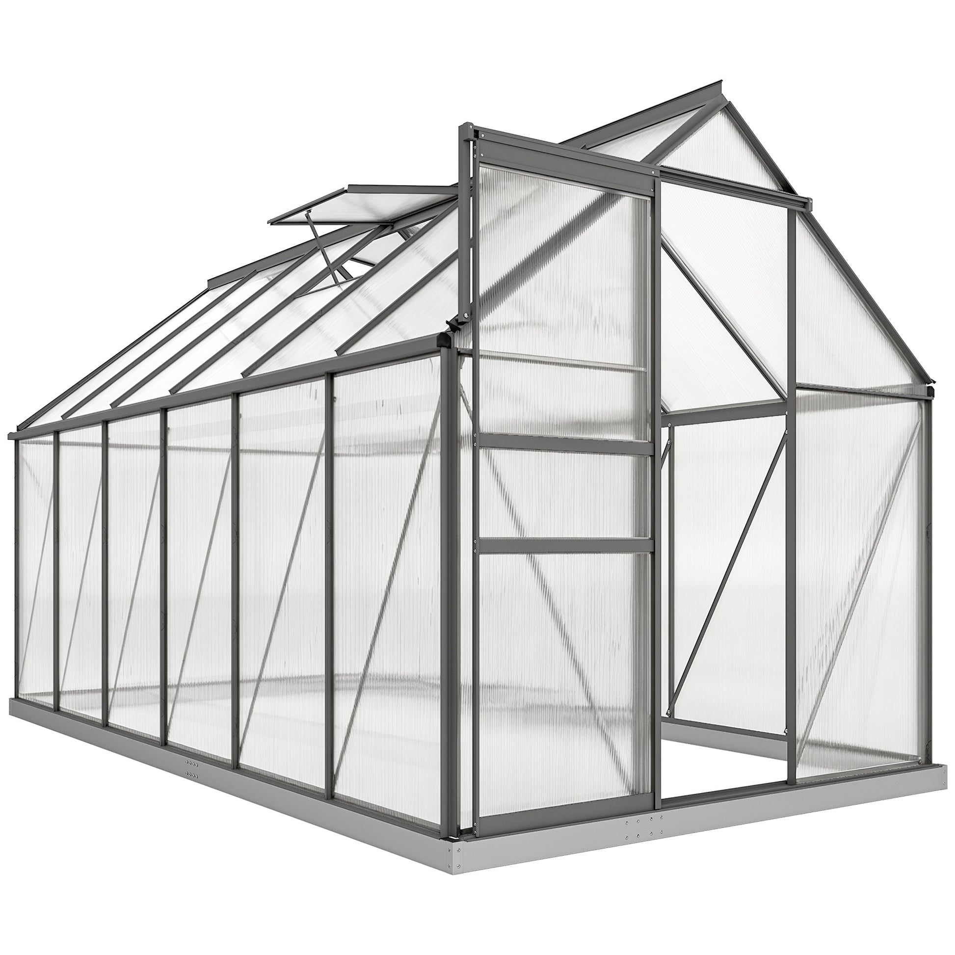 6' x 12' x 6.5' Polycarbonate Greenhouse, Walk-in Green House with Adjustable Roof Vent Galvanized Base Sliding Door Rai