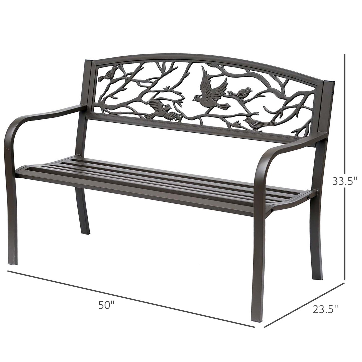 50" Garden Bench Outdoor Loveseat with Vintage Bird Pattern Cast Metal - Brown