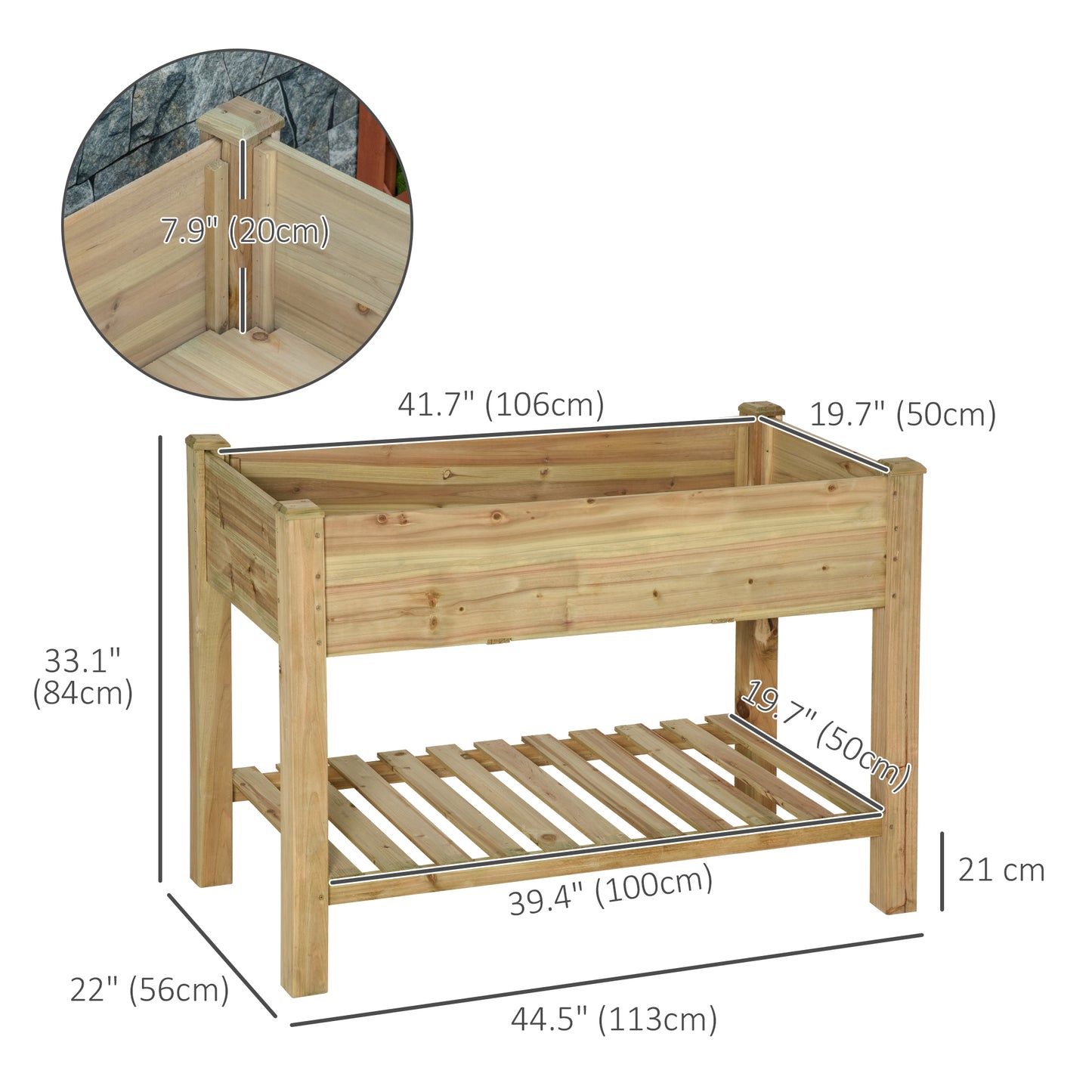 45" x 22" x 33" Raised Garden Bed with Legs and Storage Shelf, Wooden Elevated Planter Box with Drainage Holes for Backy