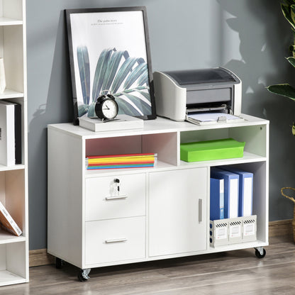 Lateral Filing Cabinet with Open Storage Shelf, Printer Stand Home Office Mobile File Cabinet with Wheels, Lockable Draw