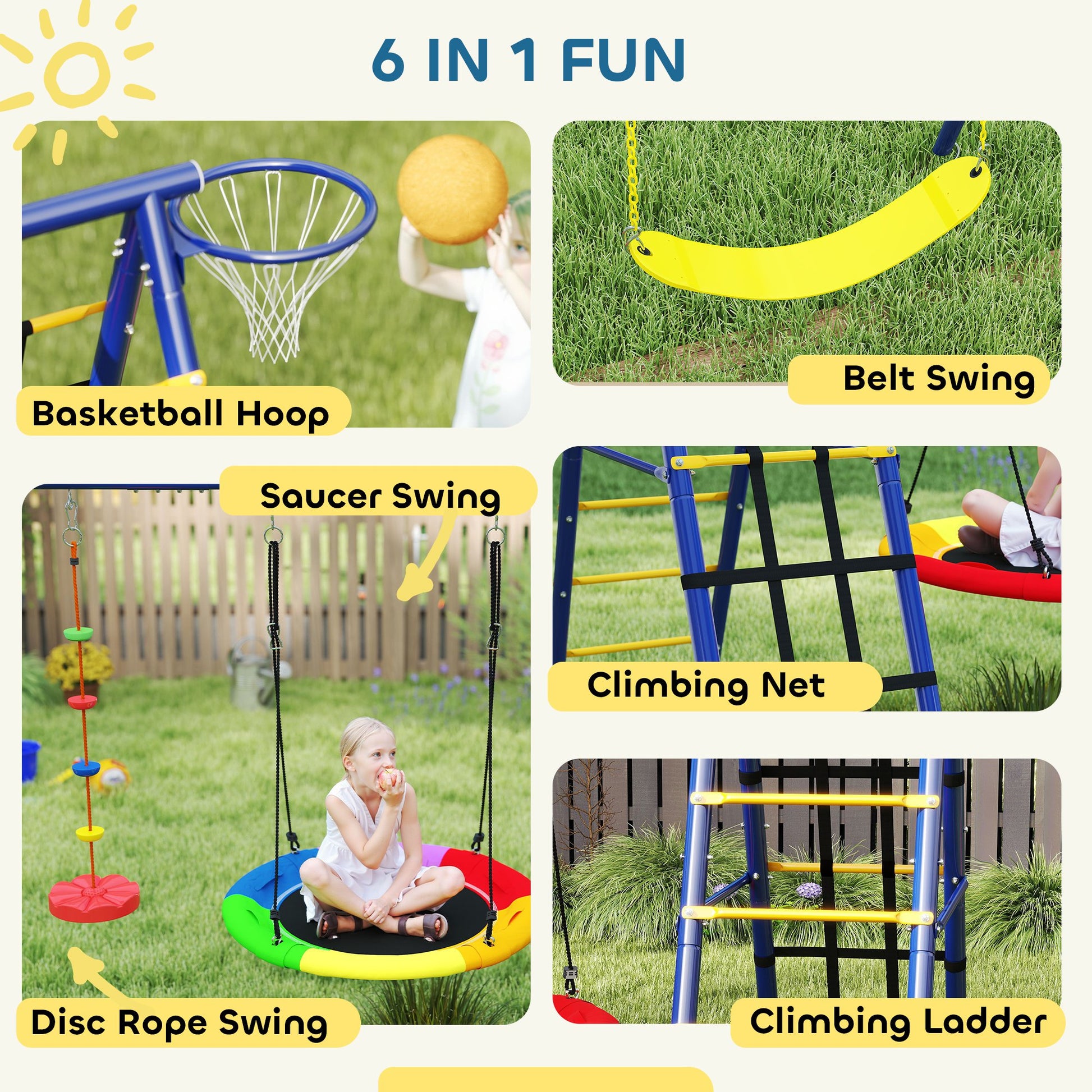Qaba 6 in 1 Kids Swing Set with 1 Saucer Swing, 1 Belt Swing, 1 Disc Rope Swing, Climbing Ladder and Net, Basketball Hoo