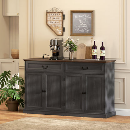 55" Farmhouse Sideboard Buffet Cabinet with Charging Station, 2 Drawers and 2 Adjustable Shelves, Black Wood Grain