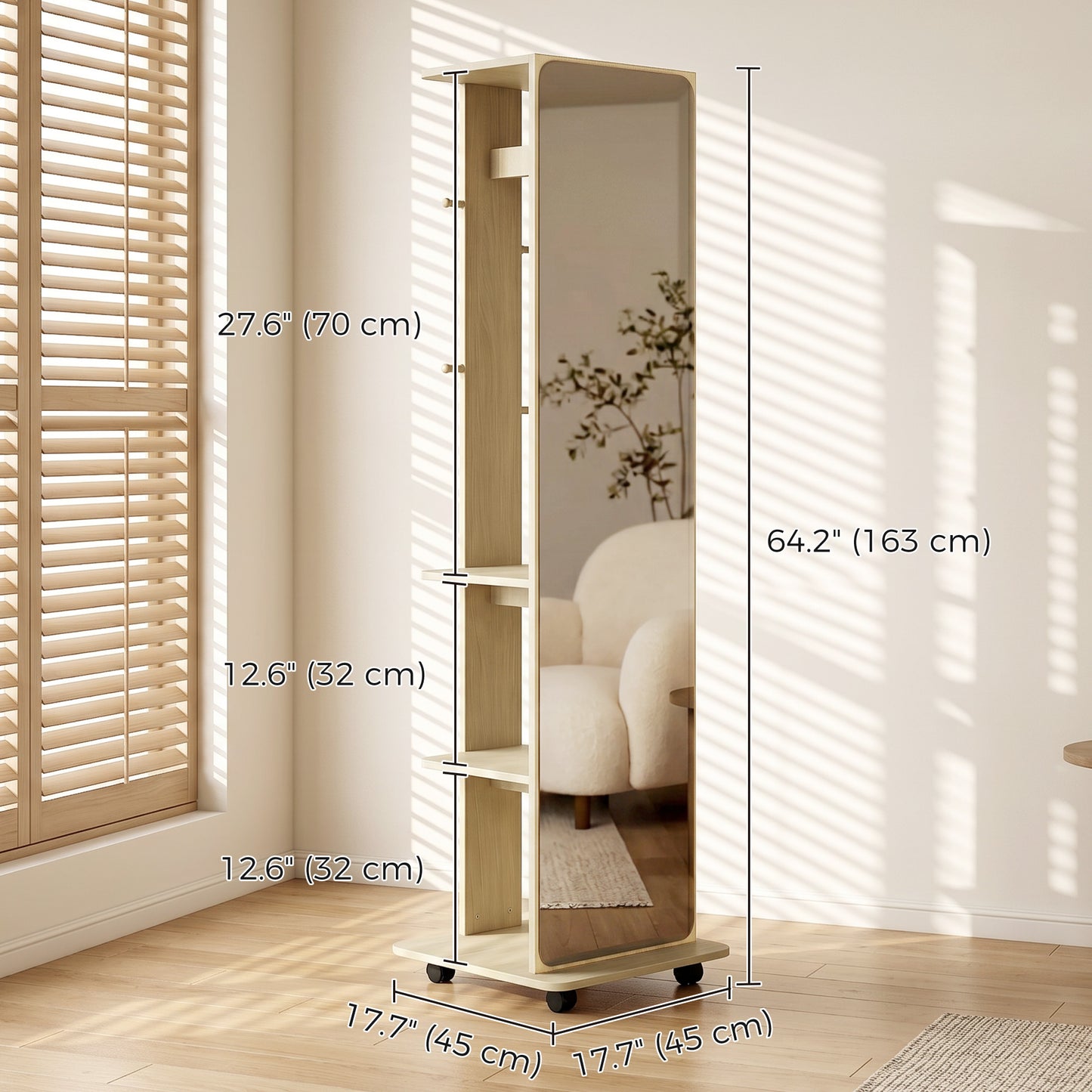 15" x 62" Full Length Mirror, Tempered Glass Floor Mirror on Wheels with Storage Shelves, Coat Hangers, Natural Wood