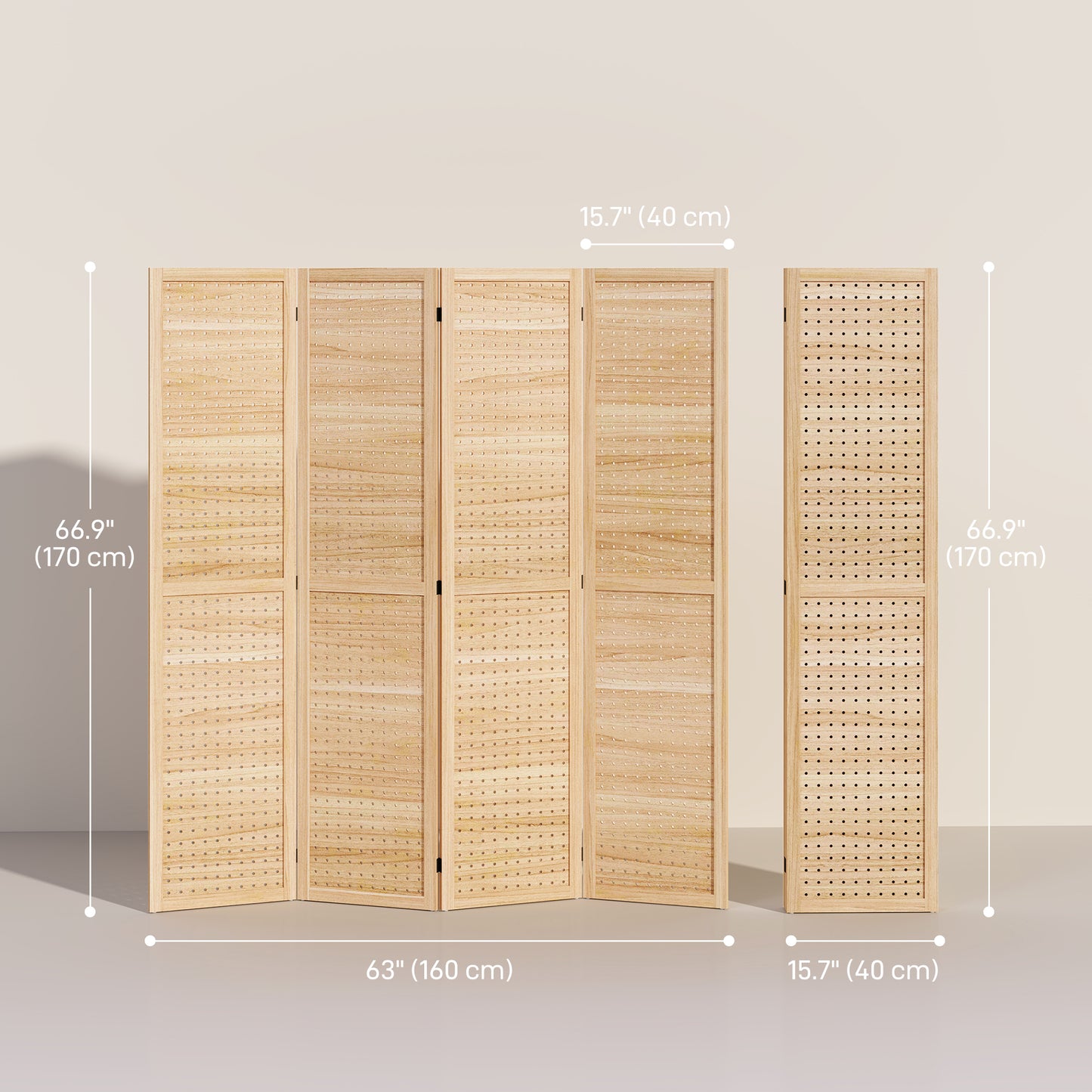5.6 Ft. Tall 4-Panel Room Divider, Pegboard Panel Freestanding Folding Privacy Screen Panels, Partition Wall Divider for