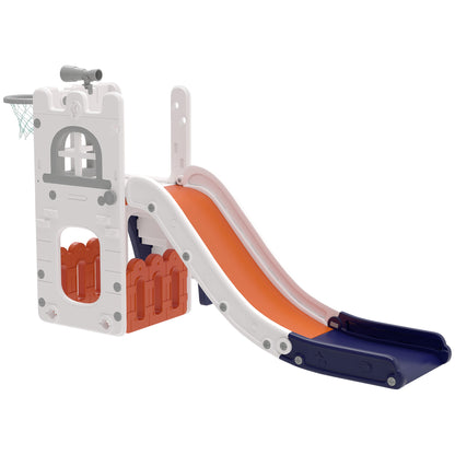 Qaba 5 in 1 Toddler Slide with Basketball Hoop, Climber, Telescope, Storage Basket, for 1-3 Years Kids Indoor Use, Orang