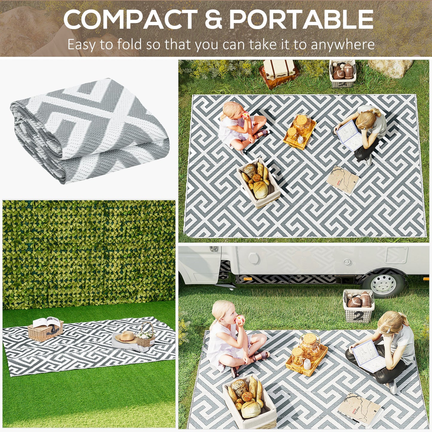 Reversible Outdoor RV Rug, Patio Floor Mat, 5' x 8' Plastic Straw Rug for Backyard, Deck, Beach, Camping, Grey & White
