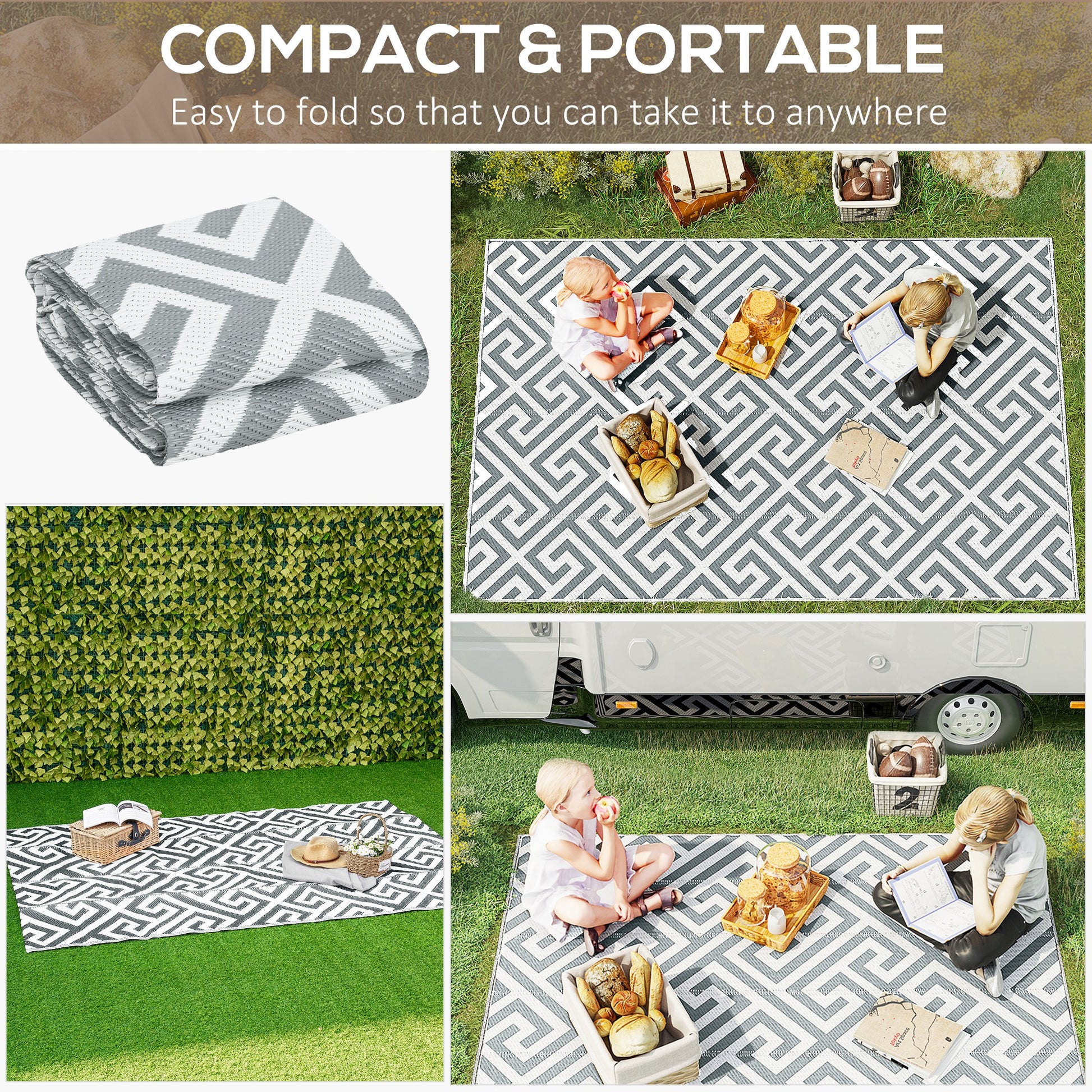 Reversible Outdoor RV Rug, Patio Floor Mat, 5' x 8' Plastic Straw Rug for Backyard, Deck, Beach, Camping, Grey & White