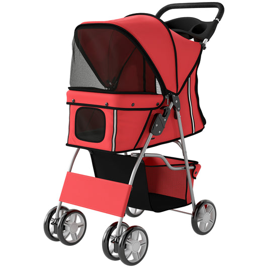 Pet Stroller with Reflective Strips, Foldable Cat Stroller with 360° Swivel Wheels for Small Dogs and Cats, Red