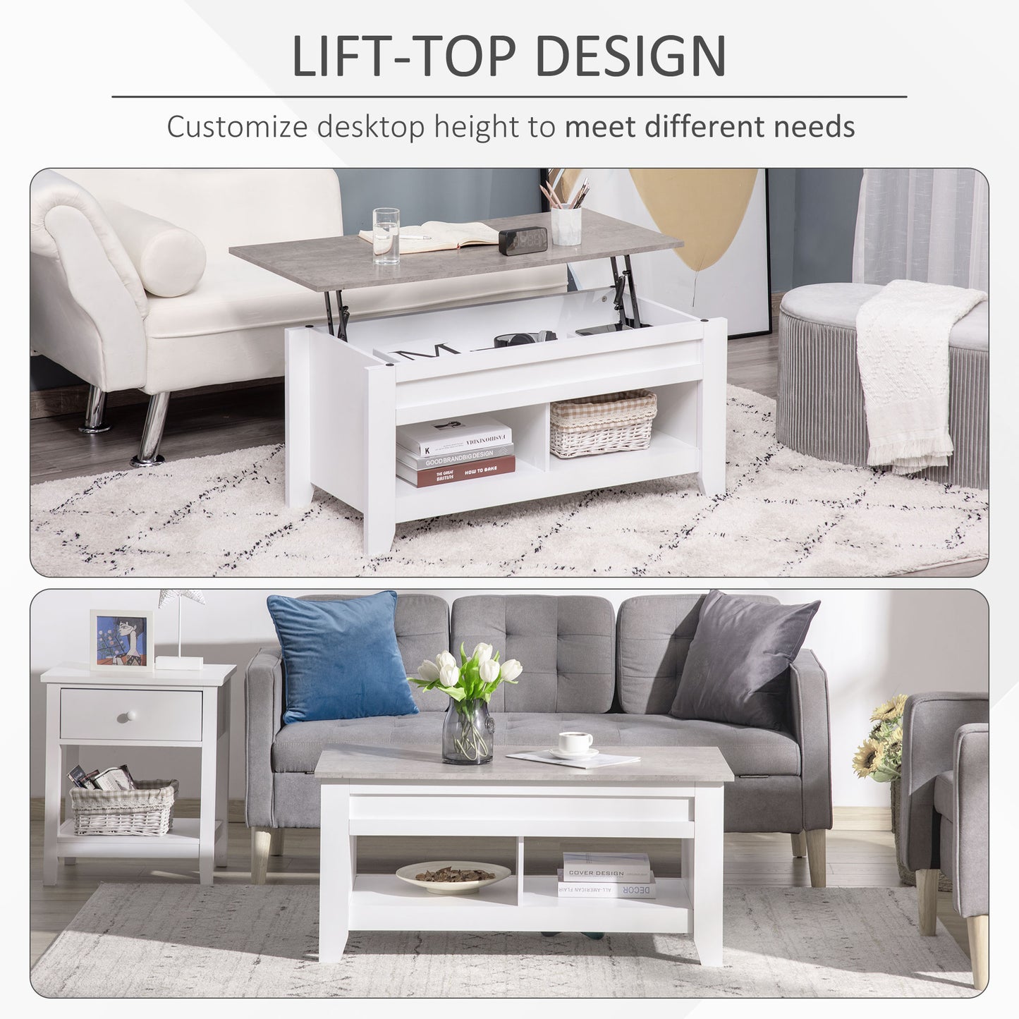 Lift Top Coffee Table with Hidden Storage Compartment and Open Shelves, Lift Tabletop Pop-Up Center Table for Living Roo