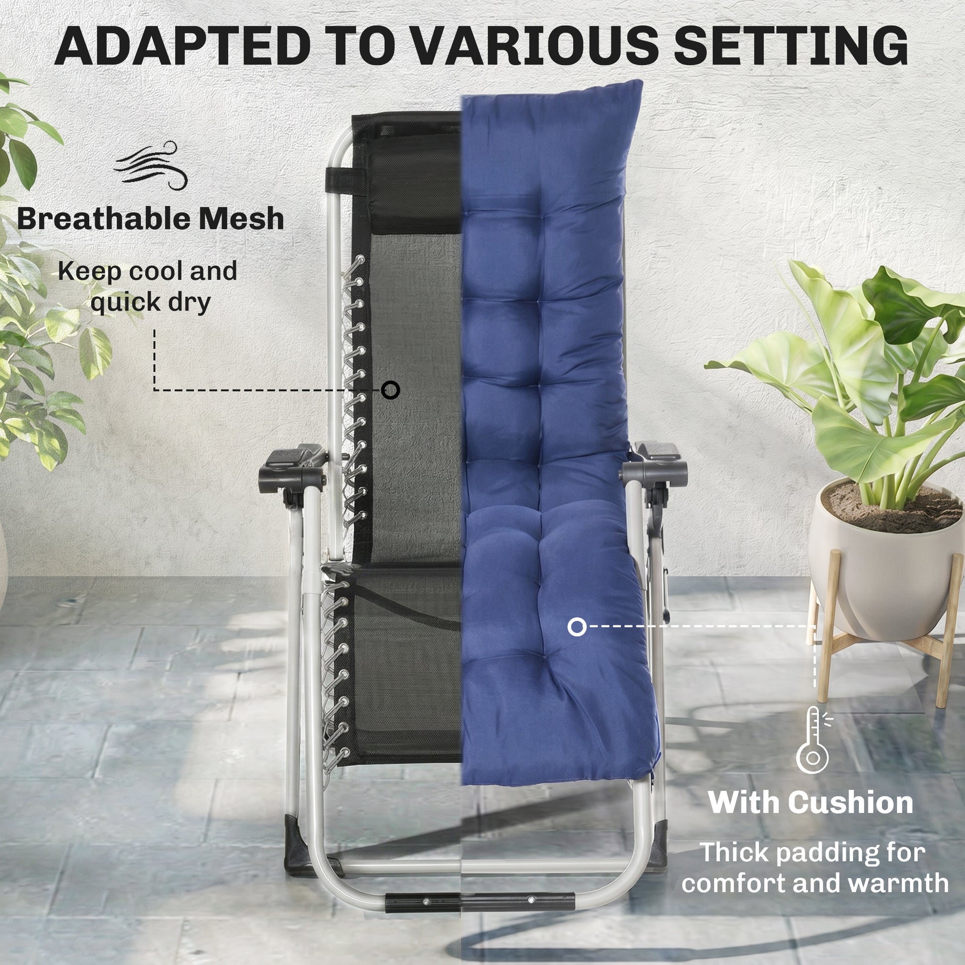 Reclining Zero Gravity Chair with Adjustable Backrest, Folding Garden Sun Lounger, Outdoor Recliner with Removable Cushi