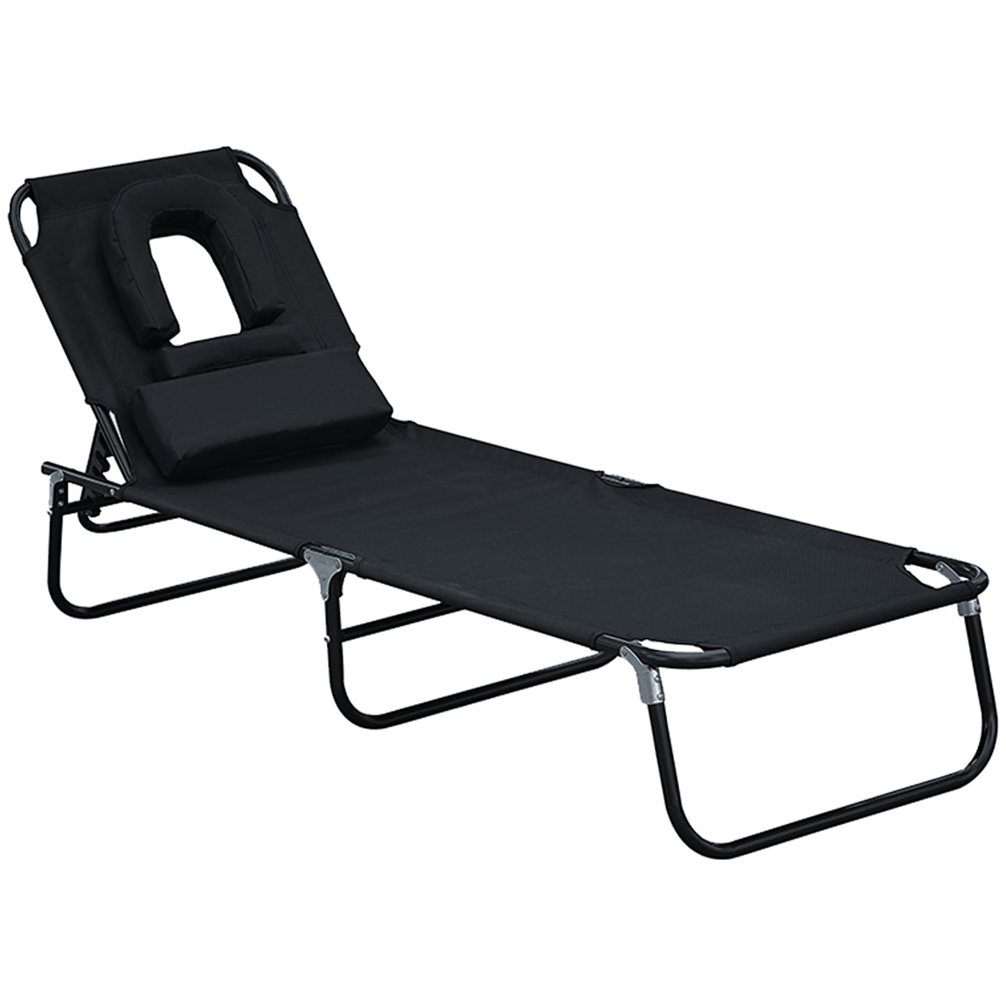 Folding Outdoor Lounge Chair, Portable Reclining Beach Lounger with Face Hole, Detachable Pillow, 4-Position Adjustable 