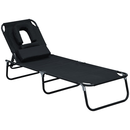 Folding Outdoor Lounge Chair, Portable Reclining Beach Lounger with Face Hole, Detachable Pillow, 4-Position Adjustable 