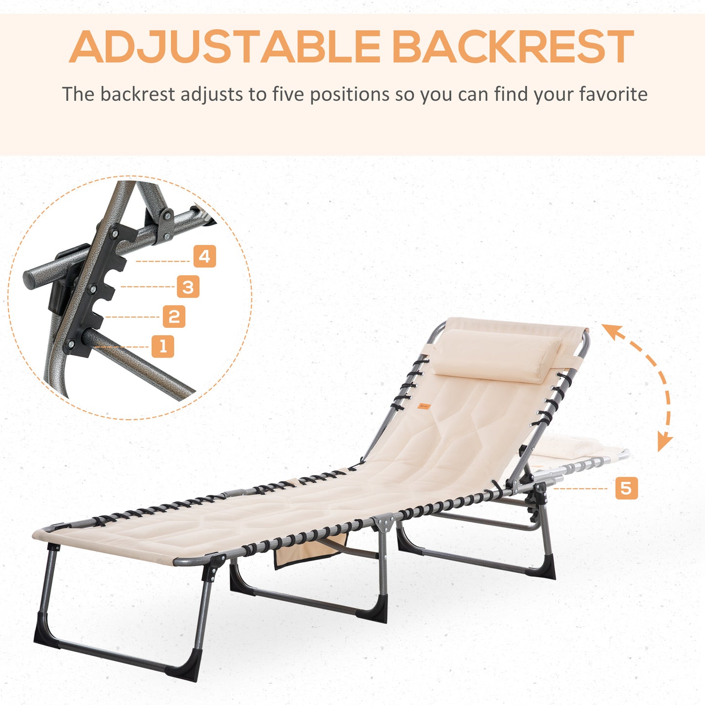 Outdoor Lounge Chair, Folding Chaise Lounge, Patio Padded Tanning Chair with 5-position Adjustable Backrest, Pillow and 