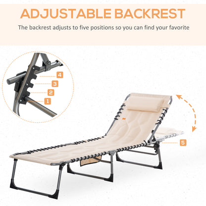 Outdoor Lounge Chair, Folding Chaise Lounge, Patio Padded Tanning Chair with 5-position Adjustable Backrest, Pillow and 