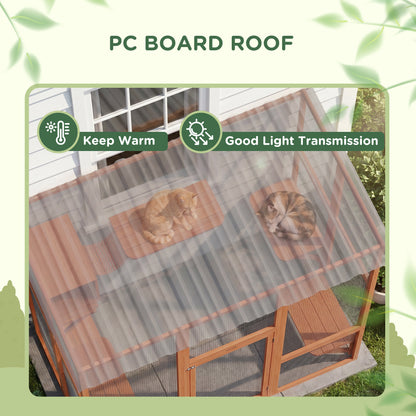 Large Outdoor Catio with Weatherproof Roof, Bridge, Resting Box, Platforms, Orange