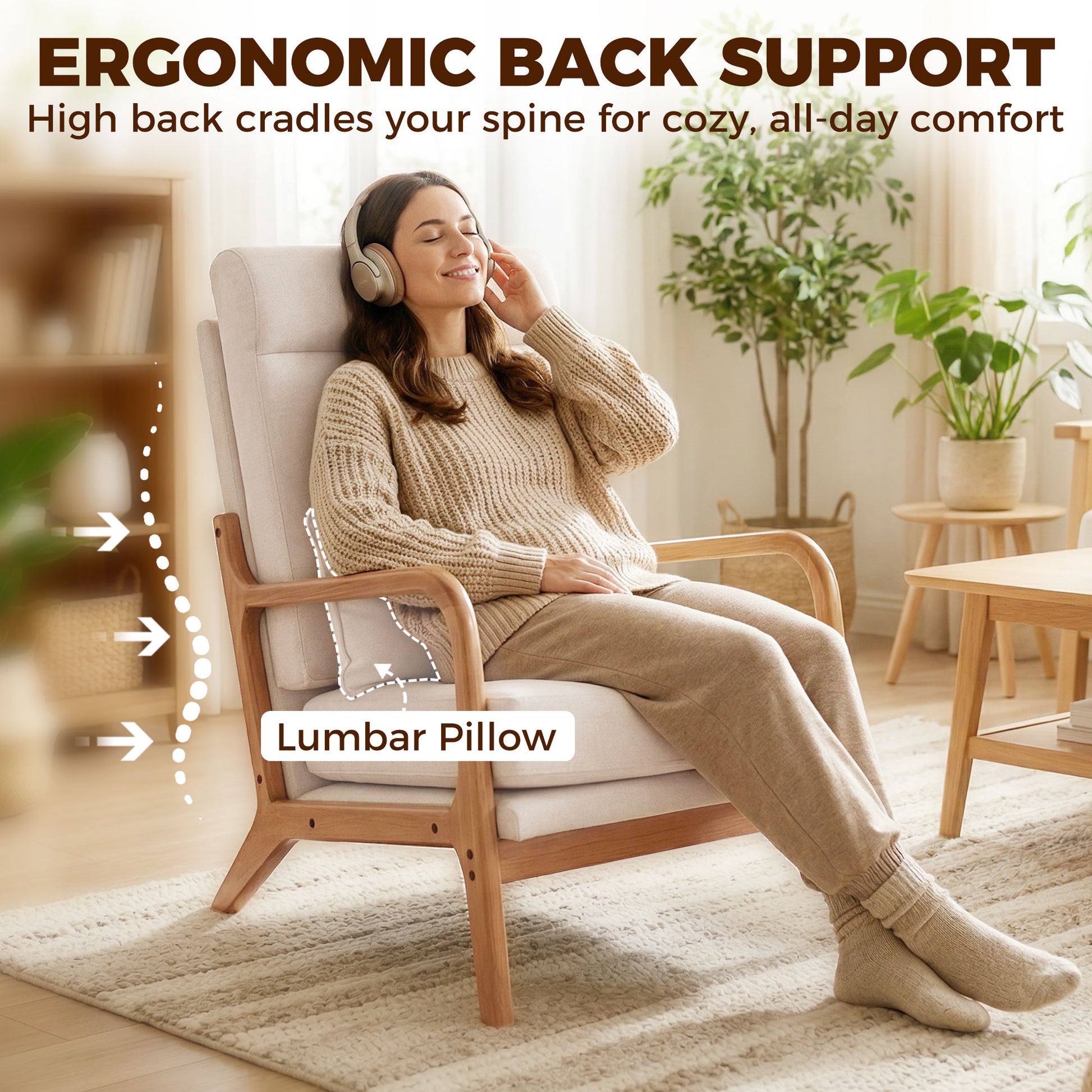 Modern Accent Chair, Linen Armchair with Lumbar Pillow, High Back, Wide Seat, Thick Cushion, Solid Wood Frame, Cream Whi