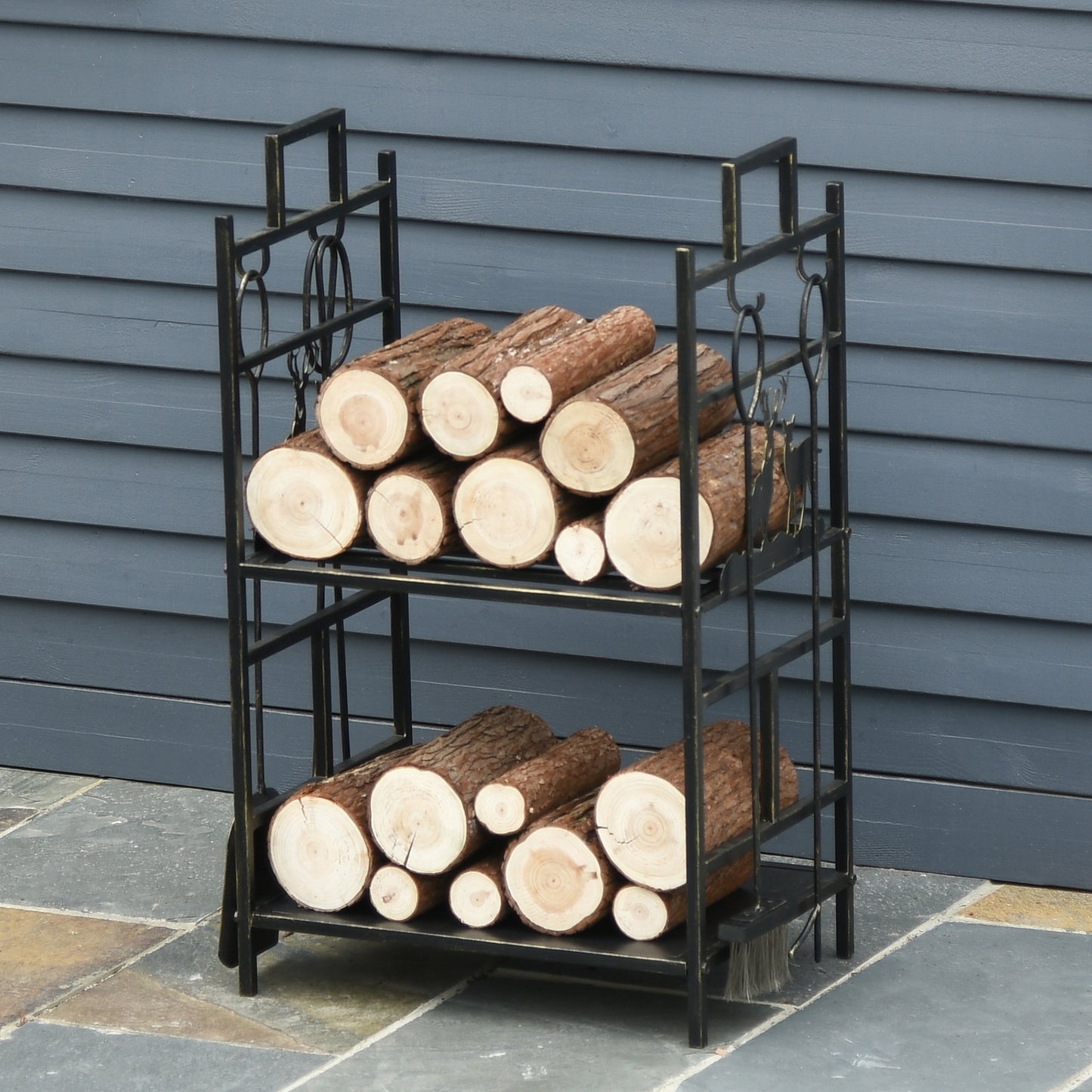 20.25" x 13" x 30.25" 2-Layer Heavy Duty Firewood Rack Wood Log Fireplace Stacker  w/ 4 Tools, Black and Gold