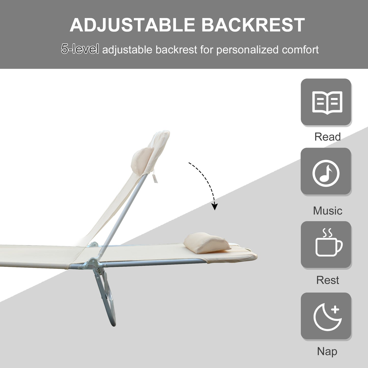 Outdoor Lounge Chair, Portable Adjustable Reclining Seat Folding Chaise Lounge Patio Camping Beach Tanning Chair Bed wit