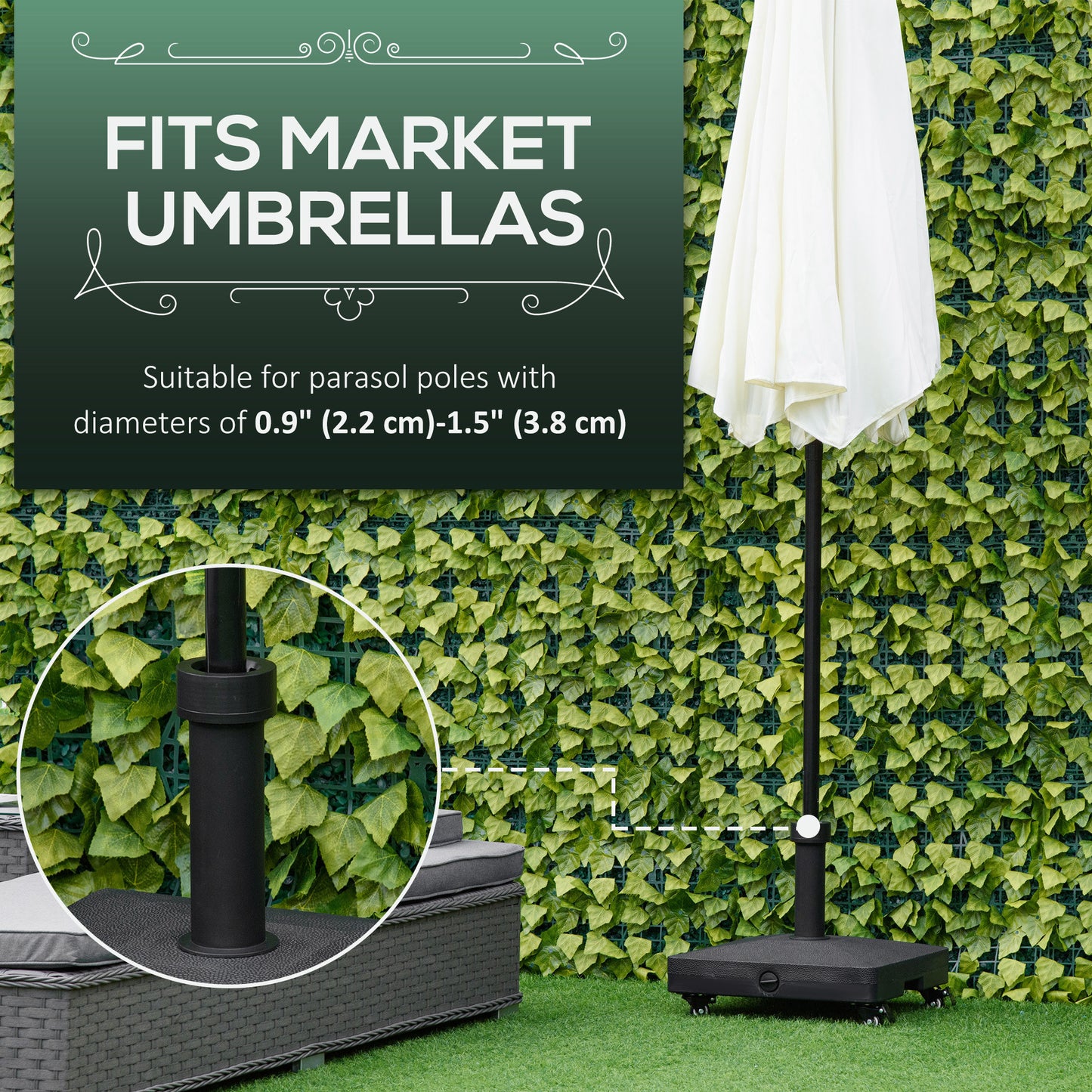 HDPE Square Parasol Base, Portable Umbrella Stand Weights for Cantilever Banana Parasol with Wheels, 35lbs with Water or