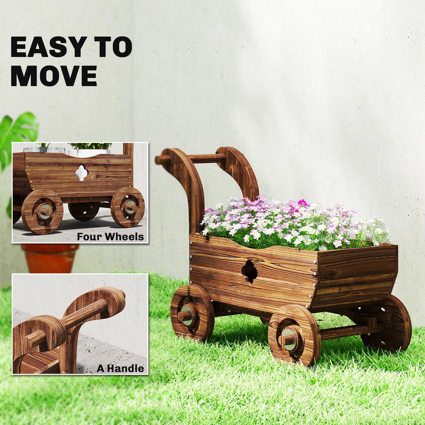 Wagon Flower Planter Cart with Wheels, Garden Wagon with Handle for Outdoor Patio Yard, Carbonized
