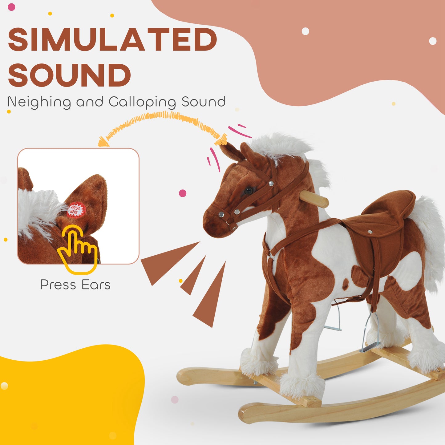 Qaba Kids Rocking Horse Plush Animal on Wooden Rockers with Sounds, Wooden Base, Baby Rocking Chair, Brown and White