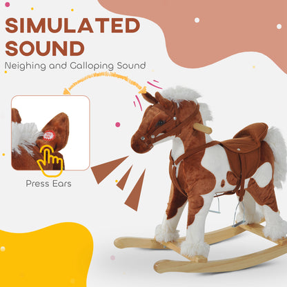 Qaba Kids Rocking Horse Plush Animal on Wooden Rockers with Sounds, Wooden Base, Baby Rocking Chair, Brown and White