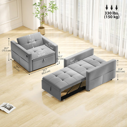 Convertible Chair Bed, Pull Out Sleeper Chair with USB, Adjustable Backrest, Small Velvet Futon Sofa Bed, Grey