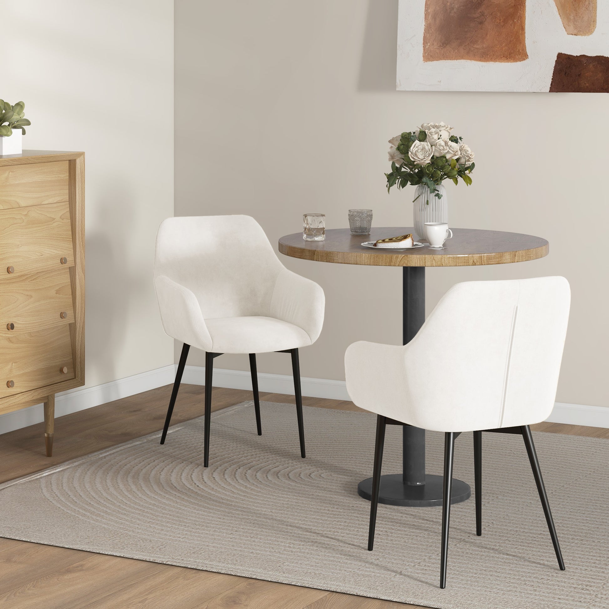 Dining Chairs Set of 2, Velvet-look Fabric Upholstered Kitchen Chairs with Backrest, Armrests and Steel Legs, Cream Whit