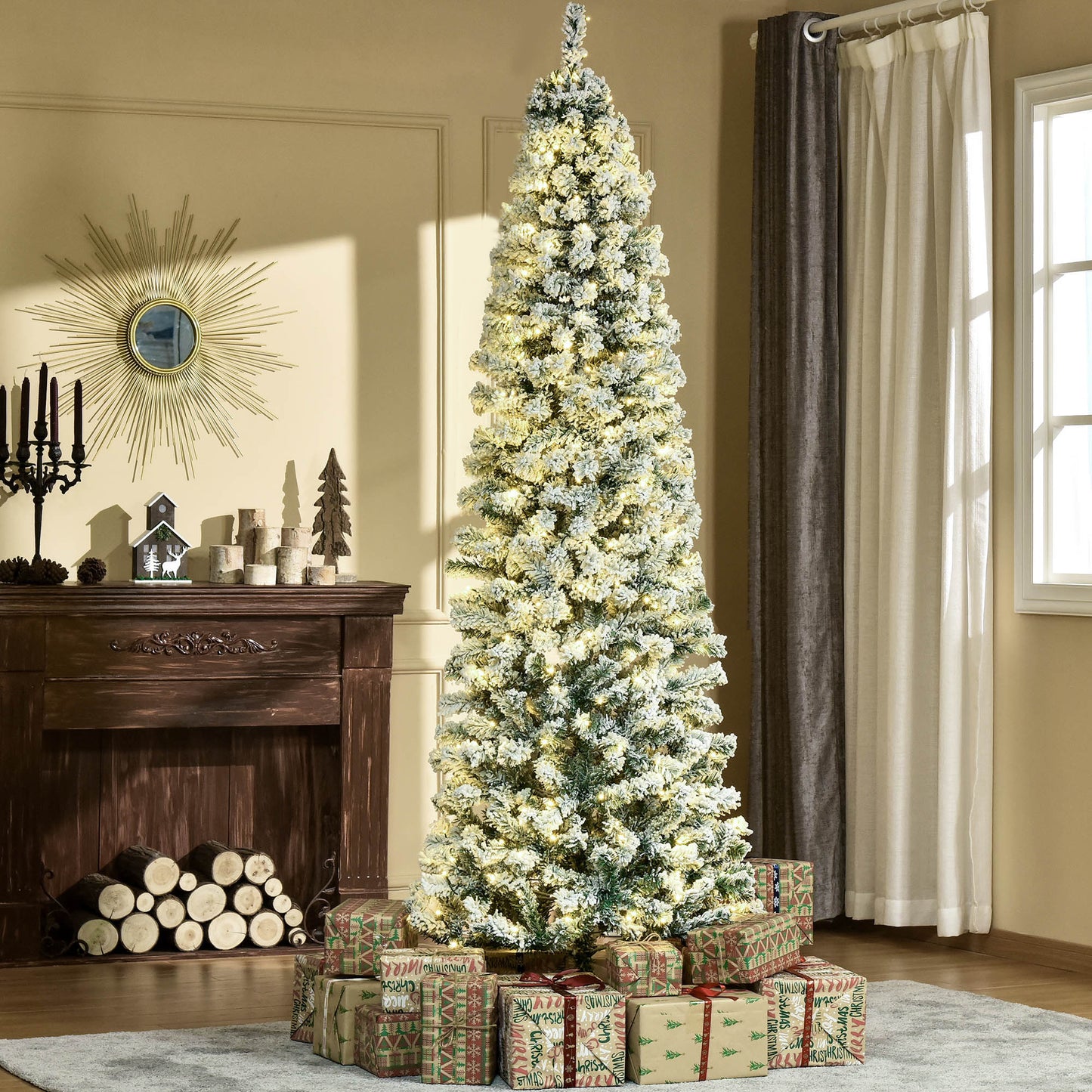 7.5 Feet Christmas Tree Prelit Artificial Snow Flocked with Warm White LED Light, Holiday Home Xmas Decoration, Green Wh