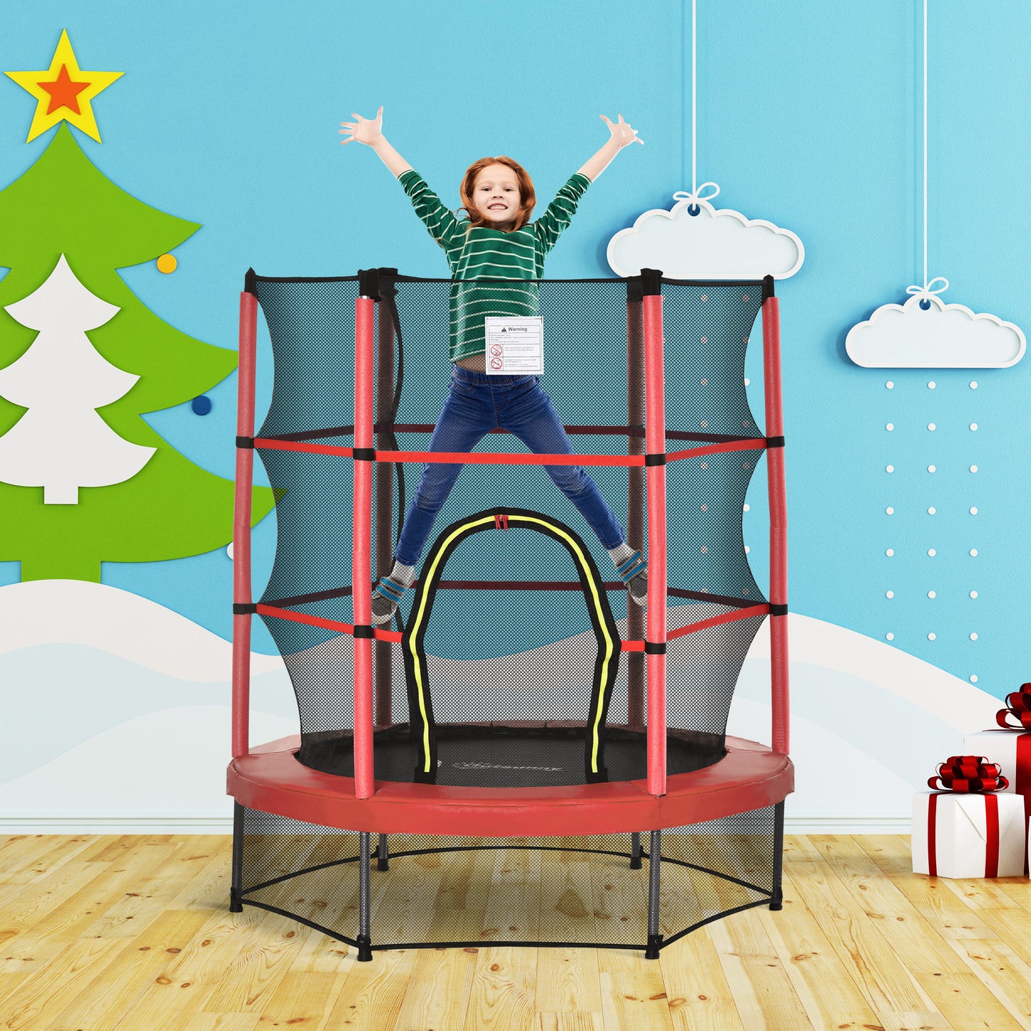55" Kids Trampoline with Enclosure Net for Indoor/Outdoor, Trampoline for Boys and Girls Age 3-6 Years, Red