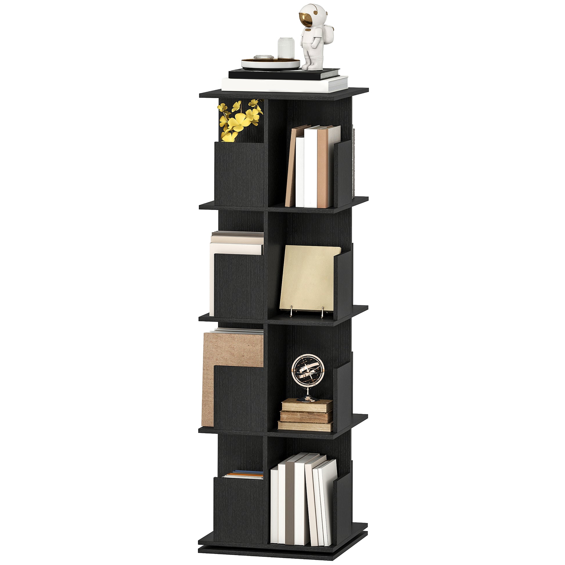 360° Rotating Bookcase with Anti-Tipping Straps, Anti-Slip Foot Pads, 4 Tier Bookshelf with 16 Cubbies for Books, Plants
