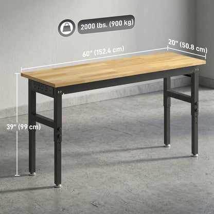 60" Adjustable Workbench, Heavy Duty Work Table with Rubber Wood Top, Power Outlets, Pegboard, 2000 LBS Capacity