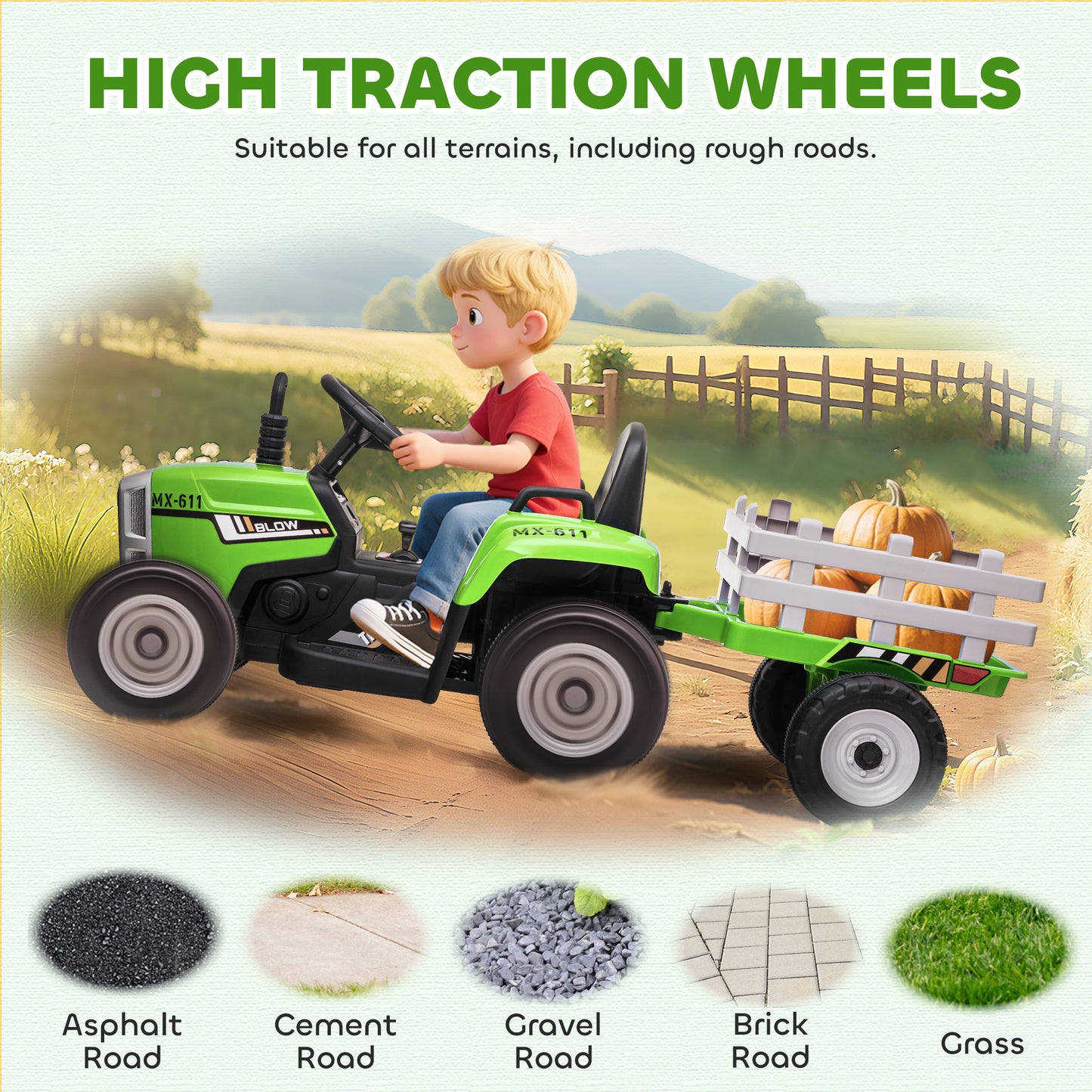 VarietyKart 12V Kids Ride on Tractor with Trailer, Battery Powered Electric Kids Car with Remote Control, Music Start up