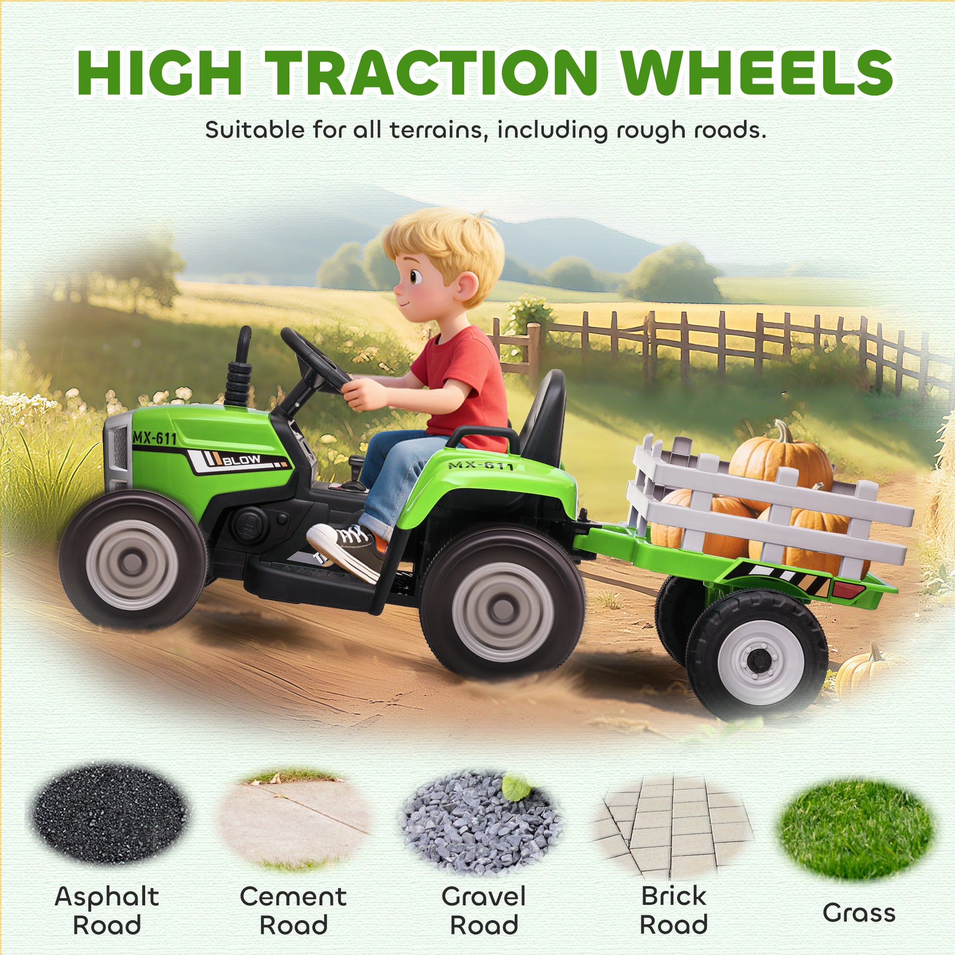 VarietyKart 12V Kids Ride on Tractor with Trailer, Battery Powered Electric Kids Car with Remote Control, Music Start up