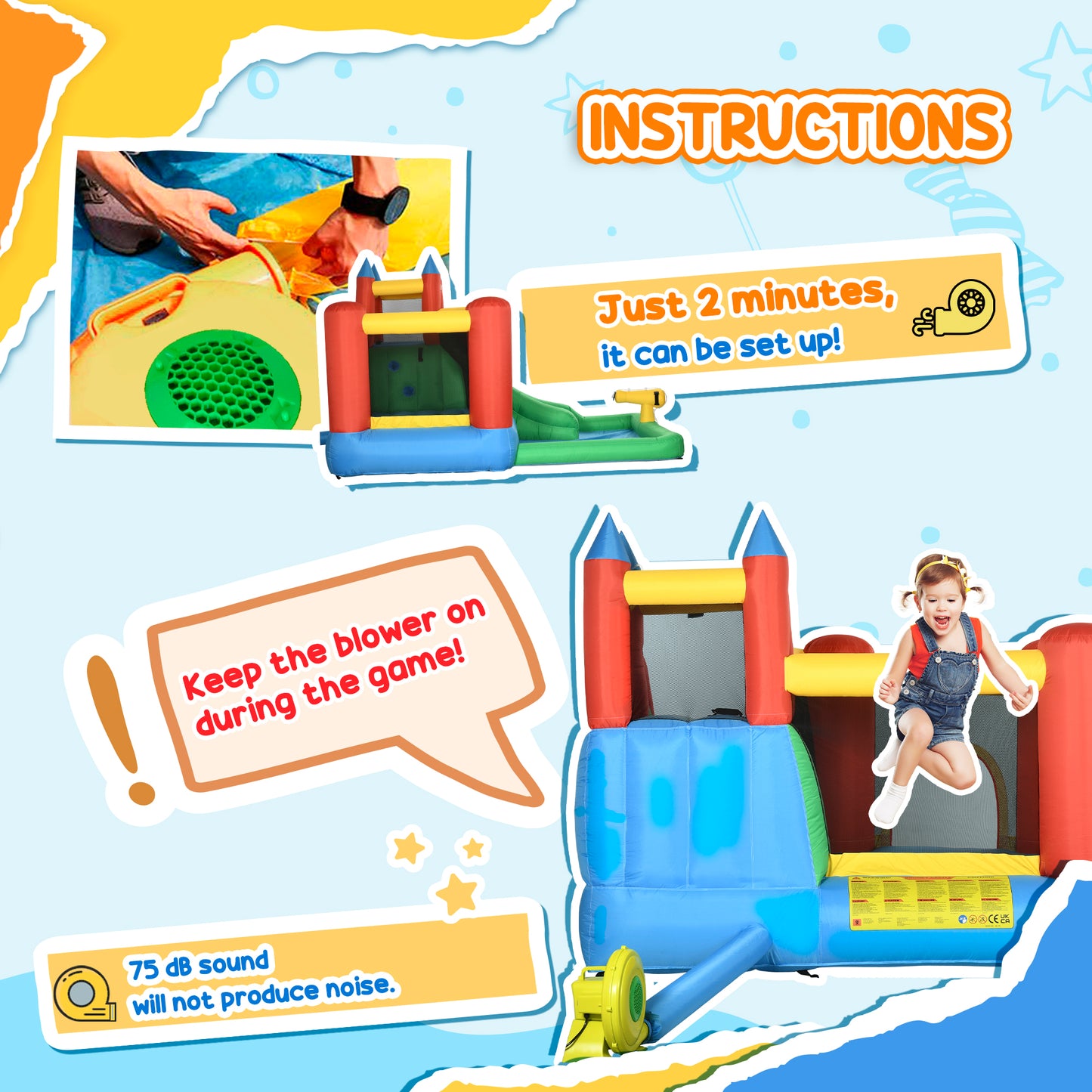 Kids Inflatable 6 in 1 Bouncy Castle House Trampoline Slide Water Pool Gun Climbing Wall Basket with Inflator for Kids A