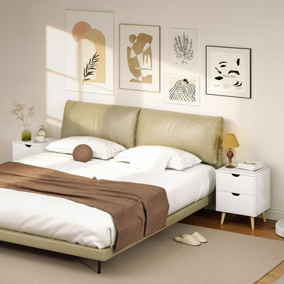 Modern Bedside Table Set of 2, Nightstand with 2 Drawers and Pine Wood Legs for Bedroom, White