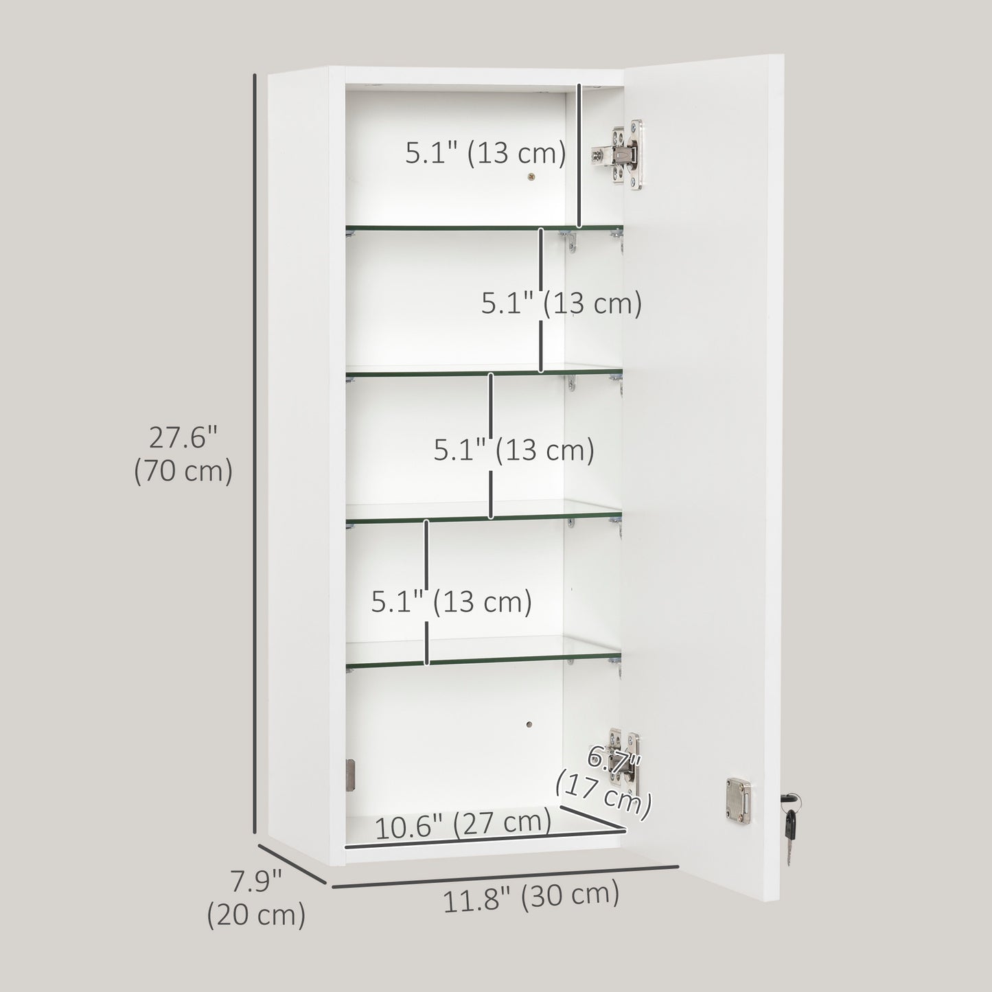 Wall Mount Medicine Cabinet, 5-tier Lockable Bathroom Cabinet with 2 Keys and Adjustable Shelves, White