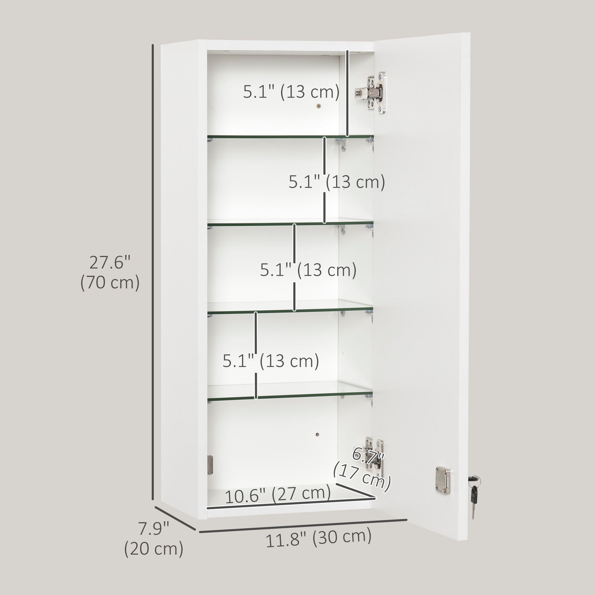 Wall Mount Medicine Cabinet, 5-tier Lockable Bathroom Cabinet with 2 Keys and Adjustable Shelves, White
