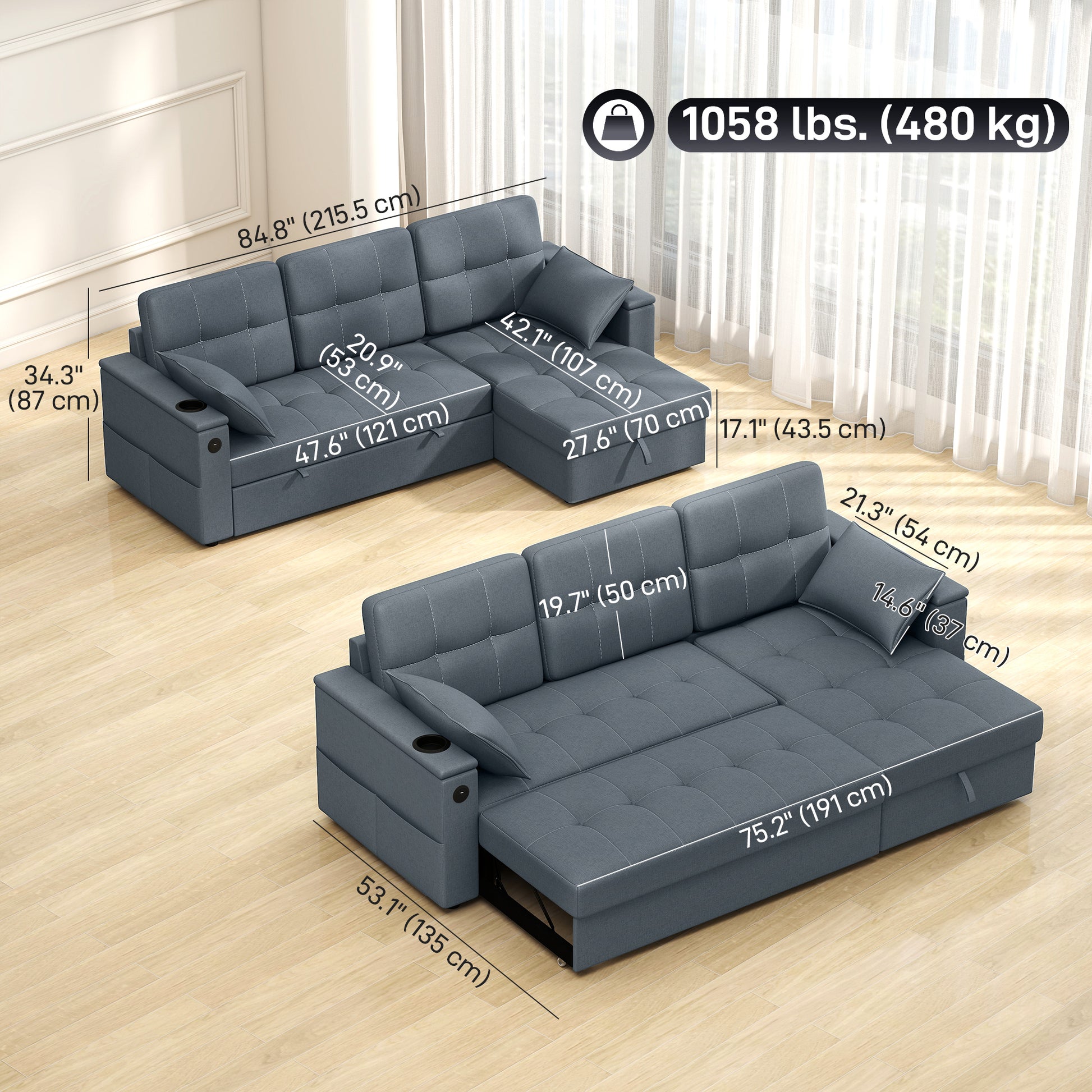 Convertible Sectional Sofa Bed, Pull Out Sleeper Sofa Couch with USB‑A+C, Chaise Storage, L-Shaped Futon Couch, Dark Gre