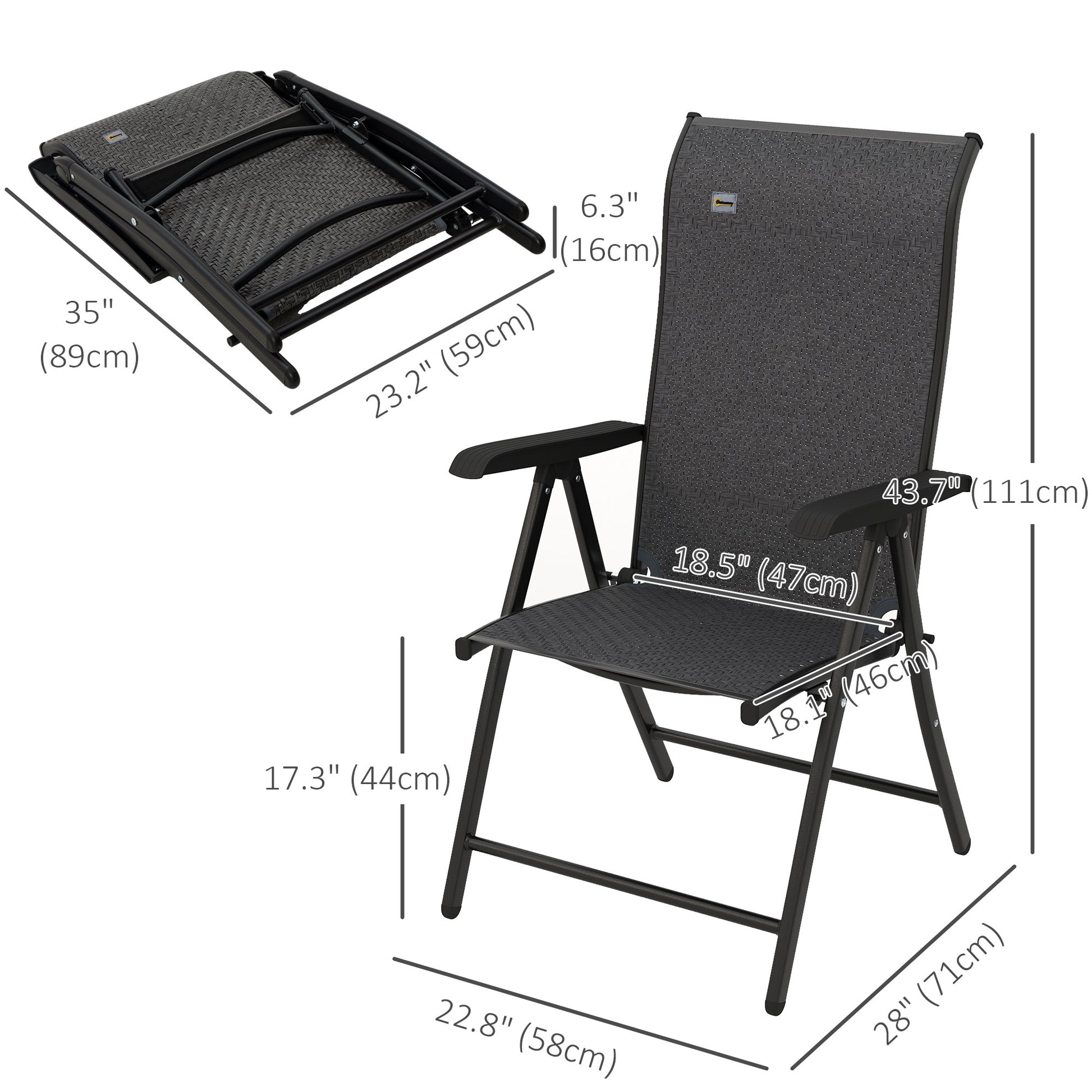 2PCs Outdoor Wicker Folding Chairs with Adjustable Backrest, Grey