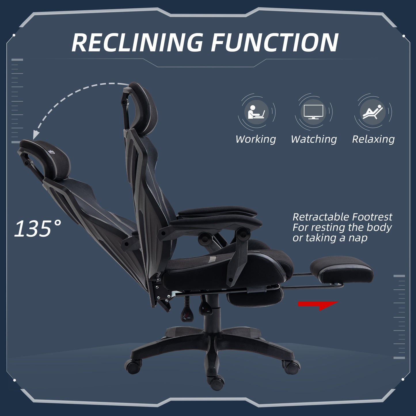 Gaming Chair, Ergonomic Computer Chair with Footrest, Headrest, Recliner Swivel Seat with Adjustable Height, Black