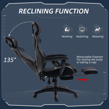 Gaming Chair, Ergonomic Computer Chair with Footrest, Headrest, Recliner Swivel Seat with Adjustable Height, Black