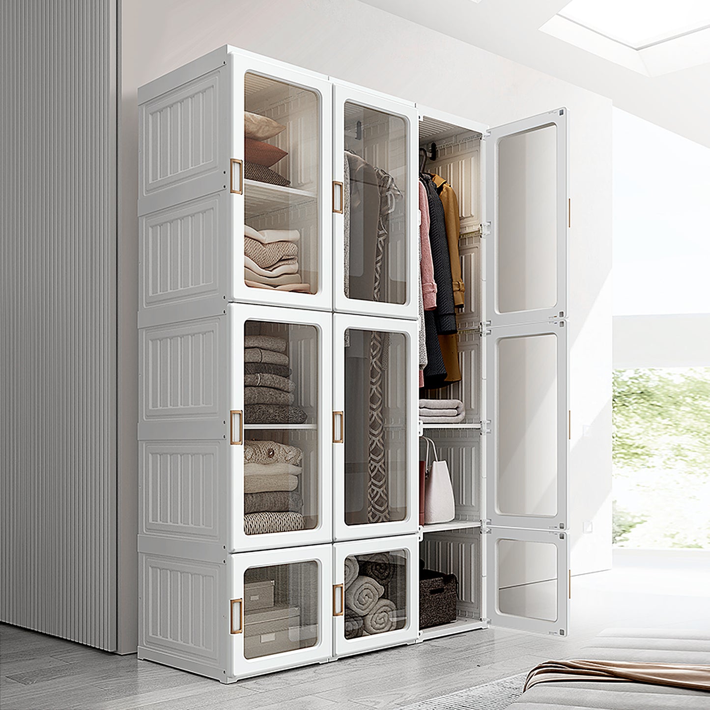 Small Apartment Bedroom Closet Foldable Portable Closet with Cube Storage Hanging Rods Magnet Doors, White