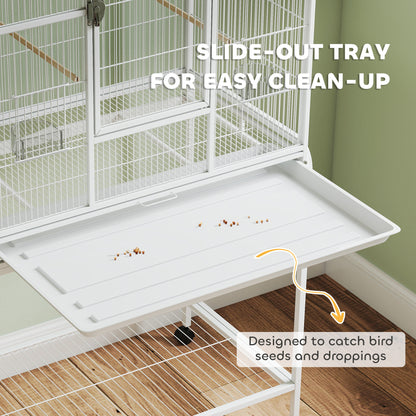 64" Large Rolling Bird Cage Bird House with Detachable Rolling Stand, Storage Shelf, Wood Perch Food Container, White