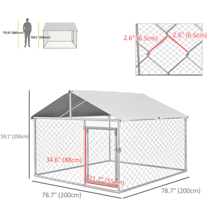 6.6' x 6.6' x 4.9' Outdoor Dog Kennel Heavy Duty Galvanized Steel Chain Link with UV-resistant Roof, Silver