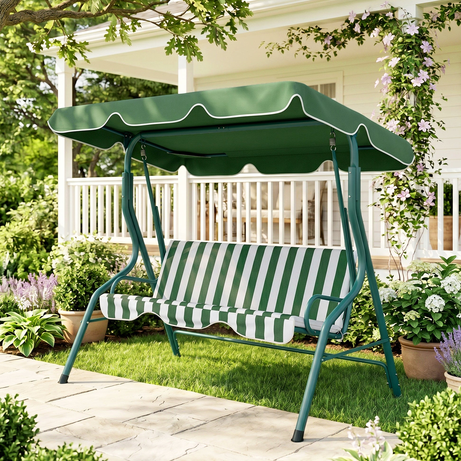 Outdoor Porch Swing with Adjustable Canopy, 3-Seater Patio Swing Chair with Cushion, Green