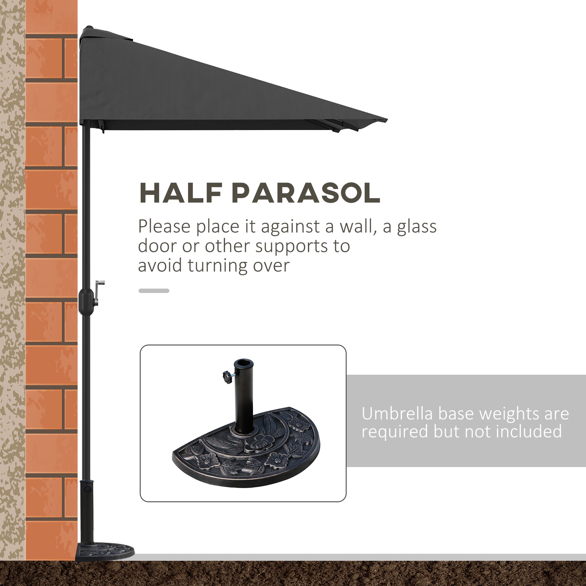 8ft Half Round Umbrella Outdoor Balcony Parasol Patio Garden Outdoor Window Sun Shade w/ 5 Ribs