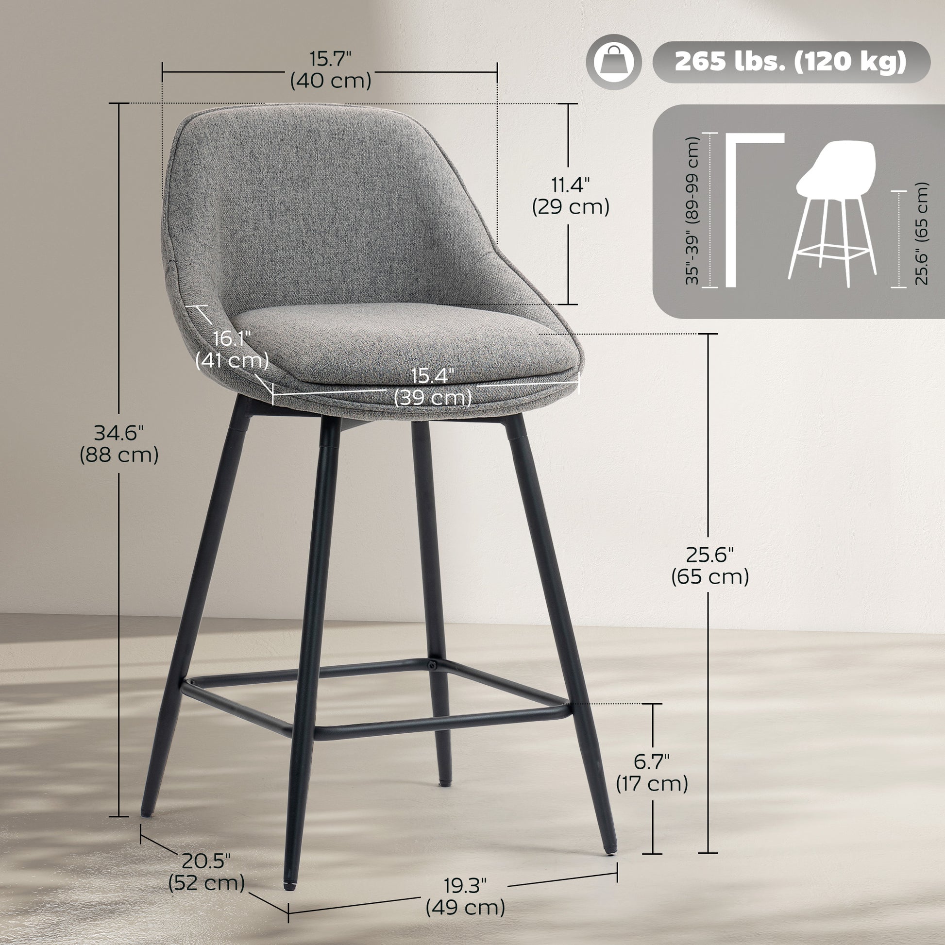 26" Counter Height Barstools Set of 2, Upholstered Swivel Bar Stools with Backrests and Armrests, Dark Grey