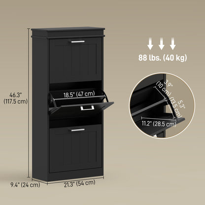 Slim Shoe Cabinet with 3 Flip Drawers and Adjustable Shelves, Narrow Shoe Cabinet for 15 Pairs of Shoes, Black