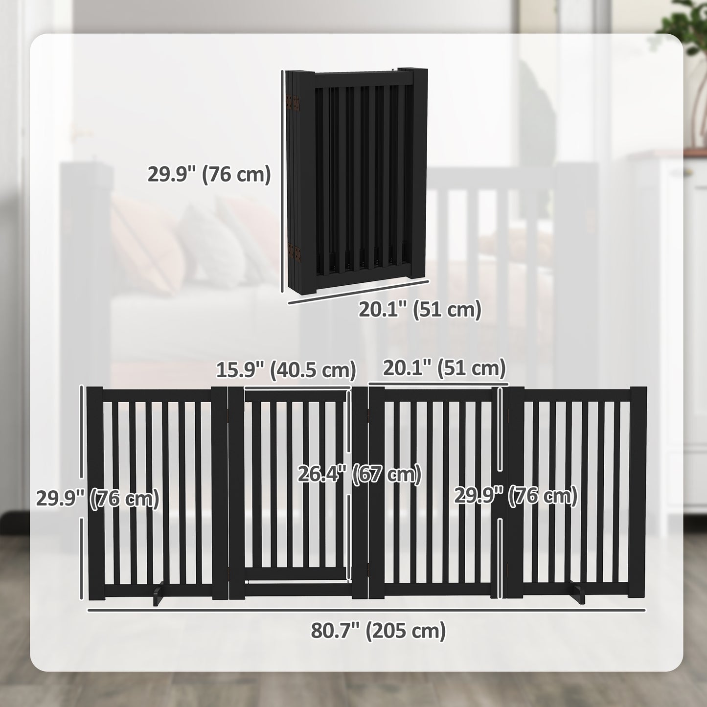 4 Panel Free Standing Wooden Pet Gate with Open Door Black